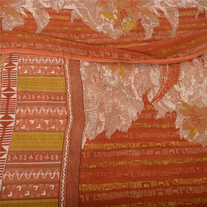 Sanskriti Vintage Sari 100% Pure Georgette Silk Orange/Mustard Printed Saree 5 Yd Fabric Floral Recycled For Quilting Felting, Home Decor