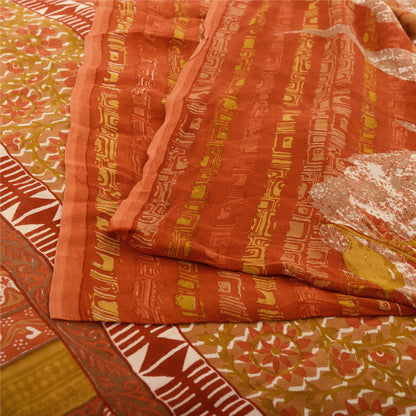 Sanskriti Vintage Sari 100% Pure Georgette Silk Orange/Mustard Printed Saree 5 Yd Fabric Floral Recycled For Quilting Felting, Home Decor