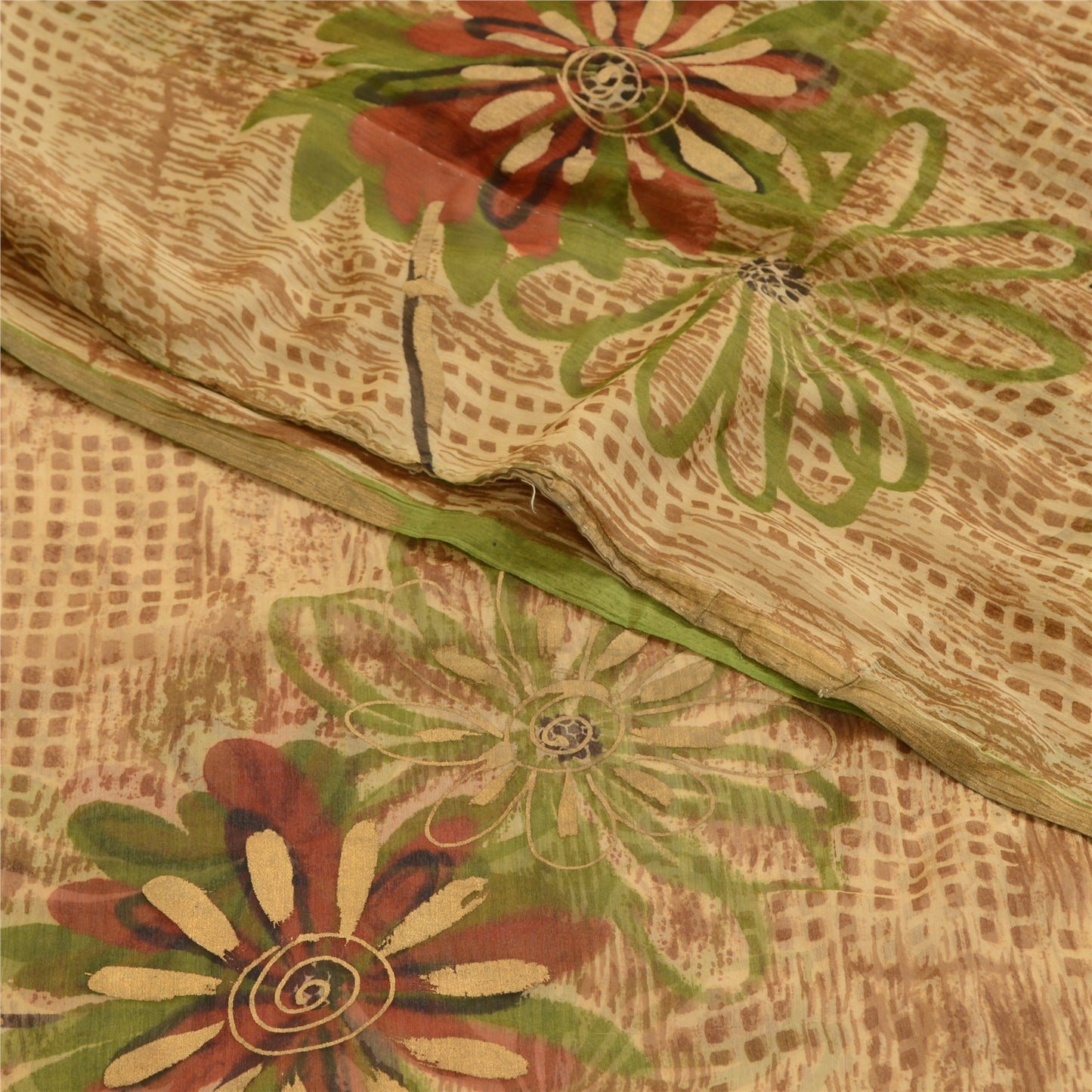 Sanskriti Vintage Brown Indian Sarees Chiffon Printed Sari Floral Craft Fabric