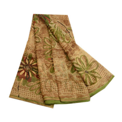 Sanskriti Vintage Brown Indian Sarees Chiffon Printed Sari Floral Craft Fabric