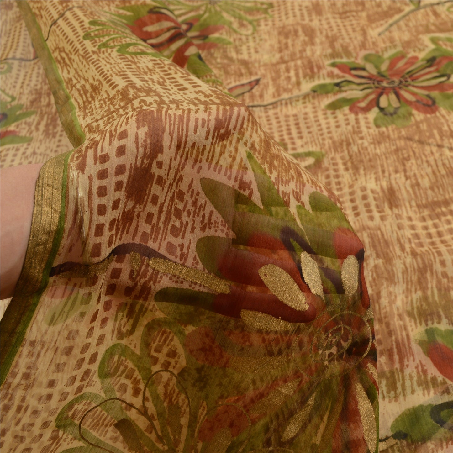 Sanskriti Vintage Brown Indian Sarees Chiffon Printed Sari Floral Craft Fabric