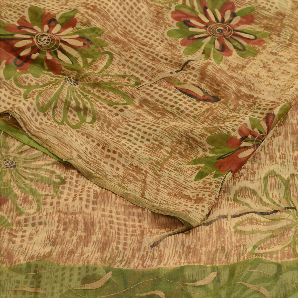 Sanskriti Vintage Brown Indian Sarees Chiffon Printed Sari Floral Craft Fabric