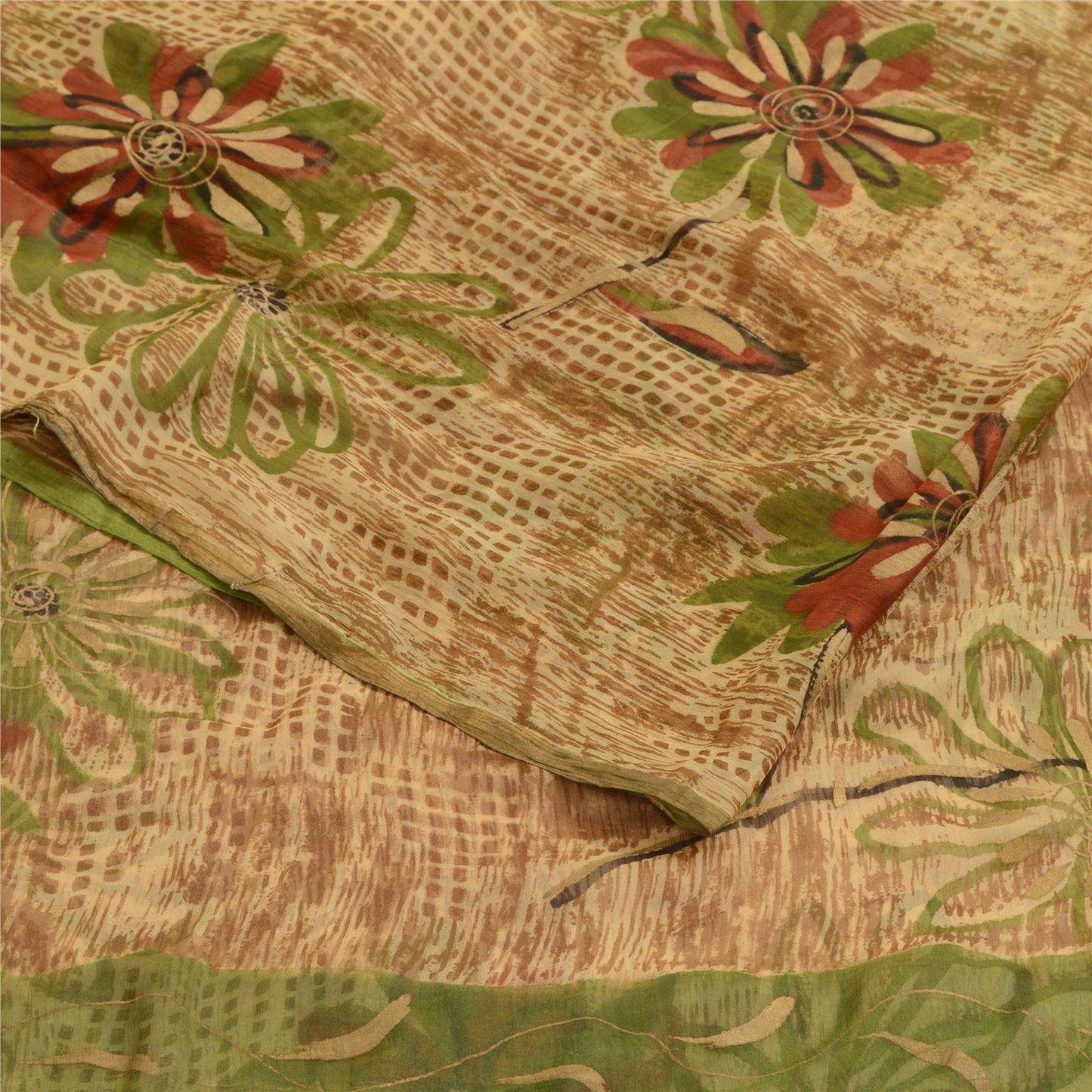 Sanskriti Vintage Brown Indian Sarees Chiffon Printed Sari Floral Craft Fabric