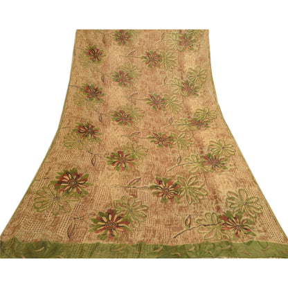 Sanskriti Vintage Brown Indian Sarees Chiffon Printed Sari Floral Craft Fabric
