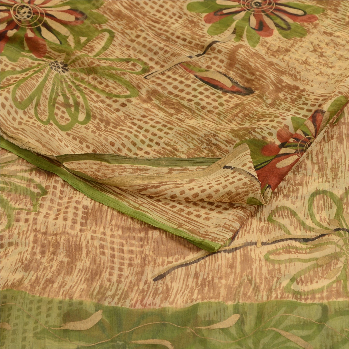 Sanskriti Vintage Brown Indian Sarees Chiffon Printed Sari Floral Craft Fabric