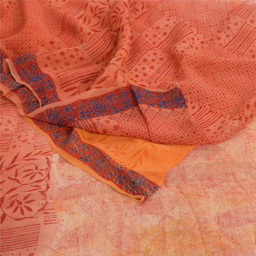 Sanskriti Vintage Orange & Peach Sarees Blend Chiffon Printed Sari 5yd Fabric