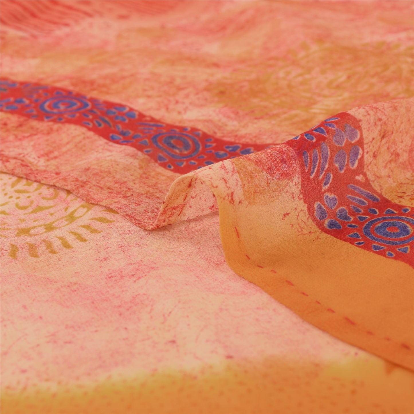 Sanskriti Vintage Orange & Peach Sarees Blend Chiffon Printed Sari 5yd Fabric