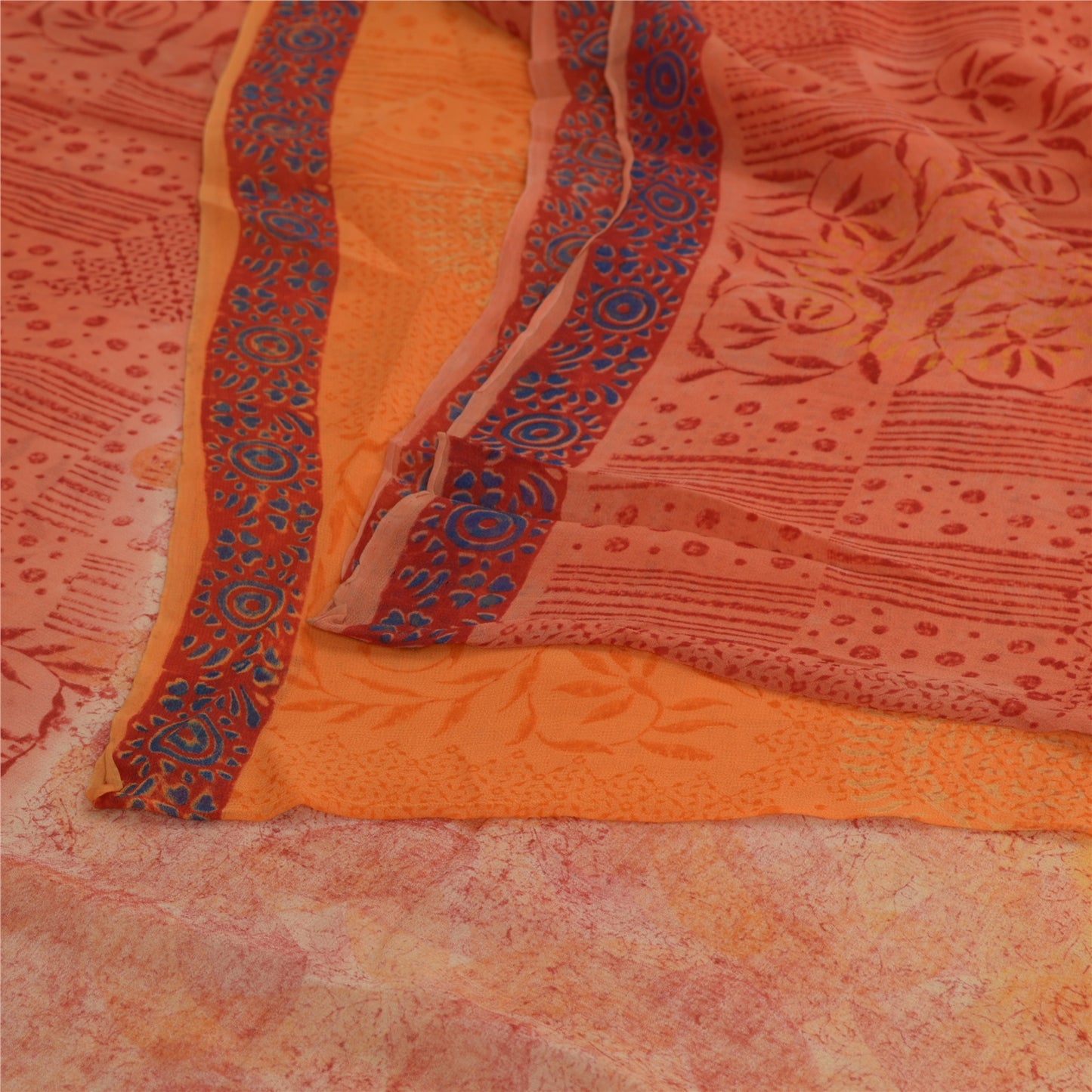 Sanskriti Vintage Orange & Peach Sarees Blend Chiffon Printed Sari 5yd Fabric