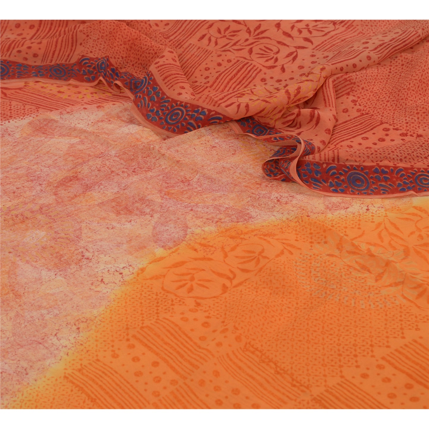 Sanskriti Vintage Orange & Peach Sarees Blend Chiffon Printed Sari 5yd Fabric
