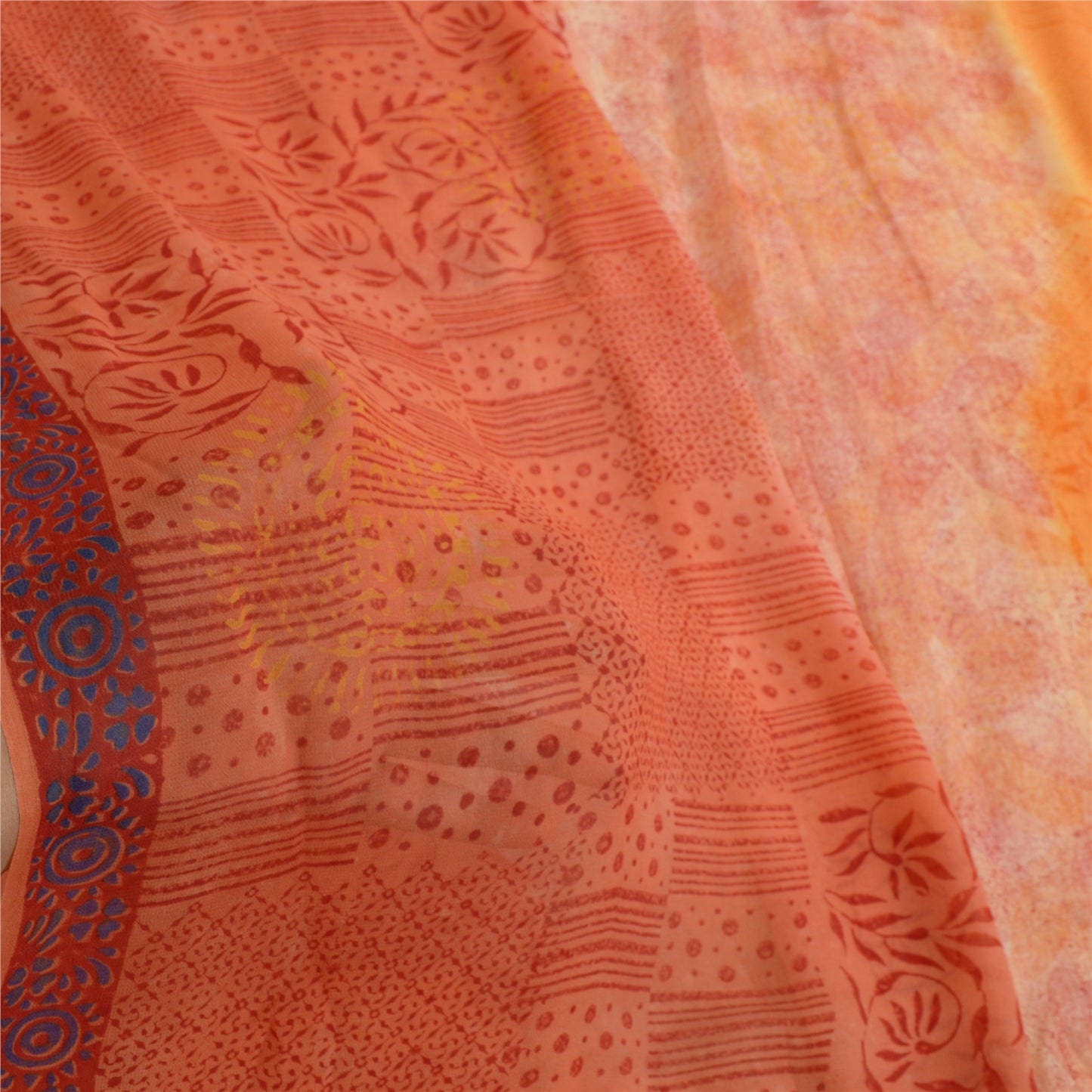 Sanskriti Vintage Orange & Peach Sarees Blend Chiffon Printed Sari 5yd Fabric