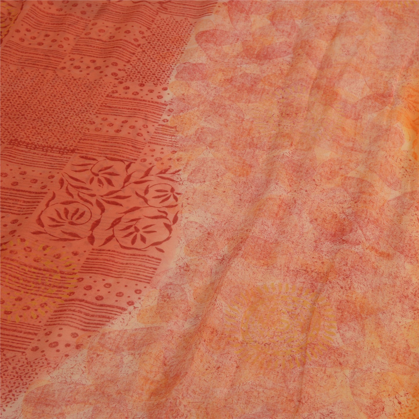 Sanskriti Vintage Orange & Peach Sarees Blend Chiffon Printed Sari 5yd Fabric