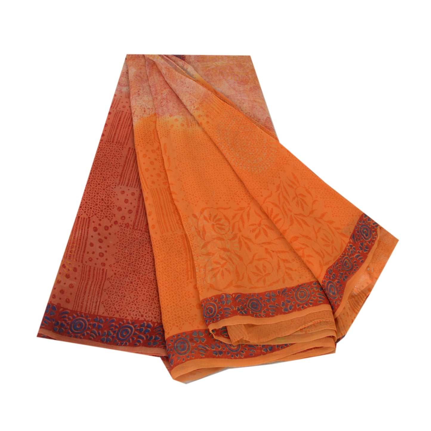 Sanskriti Vintage Orange & Peach Sarees Blend Chiffon Printed Sari 5yd Fabric