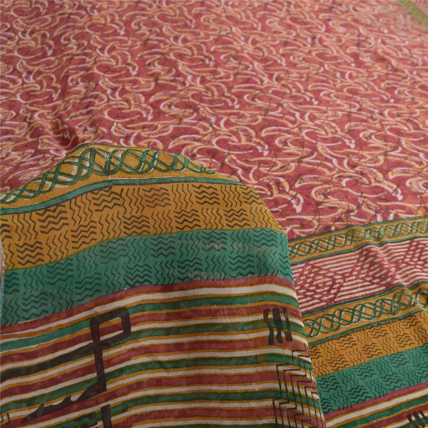 Sanskriti Vintage Red Indian Sarees Pure Georgette Silk Print Sari Craft Fabric