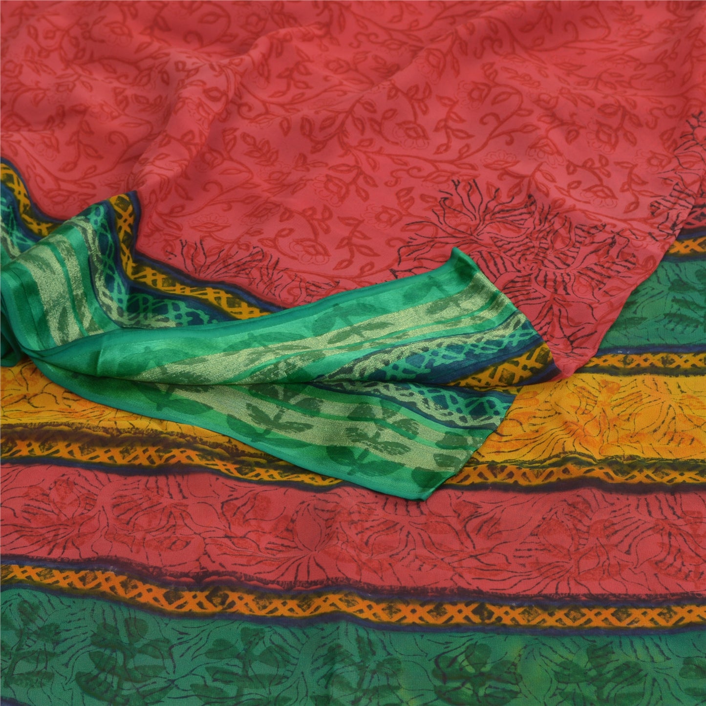 Sanskriti Vintage Red/Green Sarees Printed Blend Georgette Sari Craft Fabric