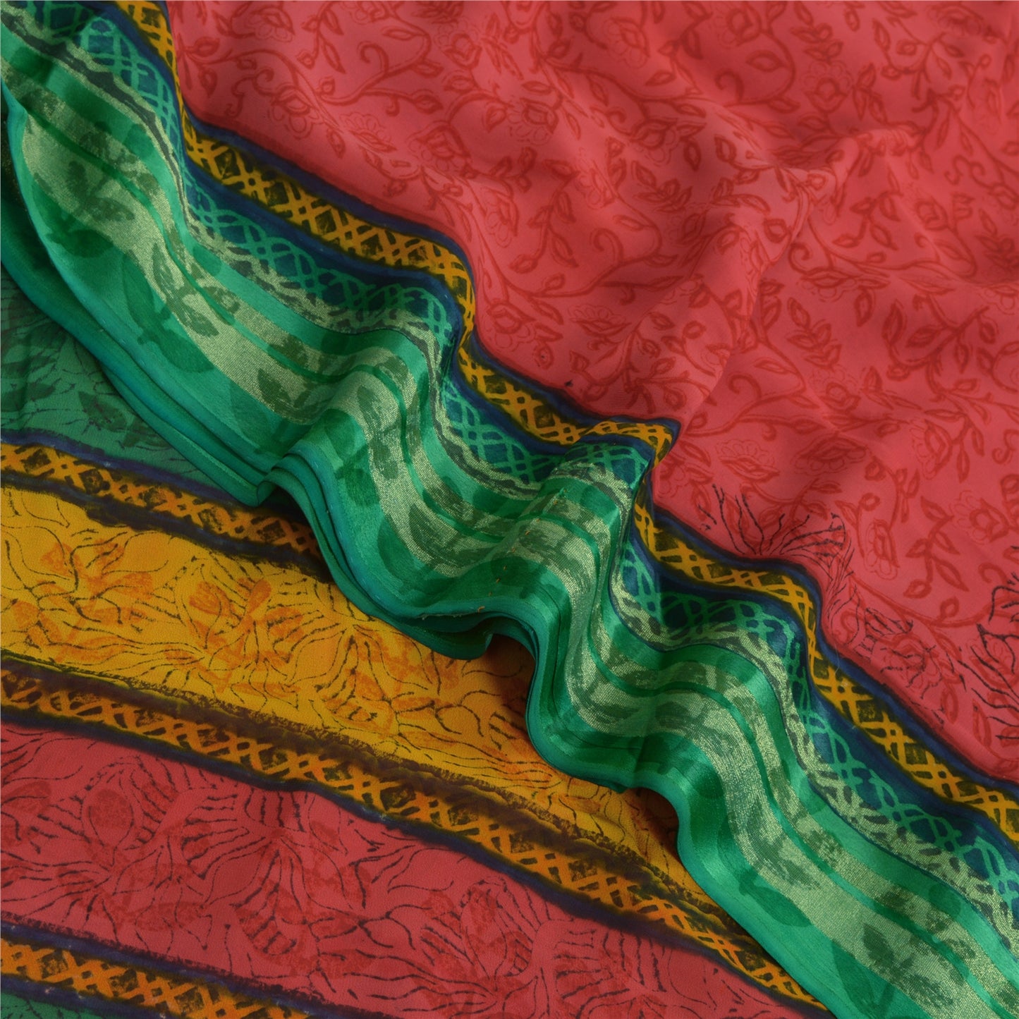 Sanskriti Vintage Red/Green Sarees Printed Blend Georgette Sari Craft Fabric