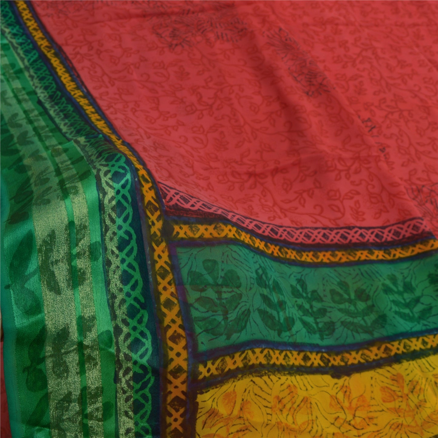 Sanskriti Vintage Red/Green Sarees Printed Blend Georgette Sari Craft Fabric