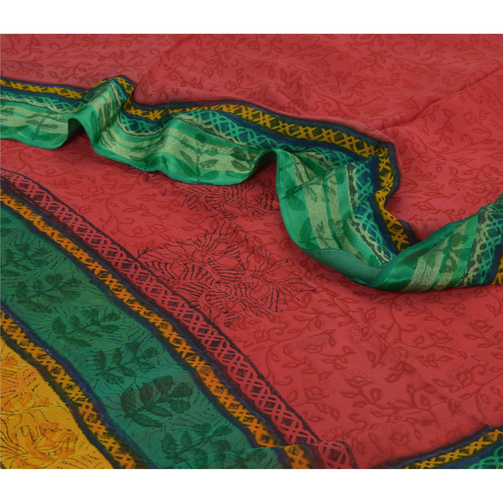 Sanskriti Vintage Red/Green Sarees Printed Blend Georgette Sari Craft Fabric