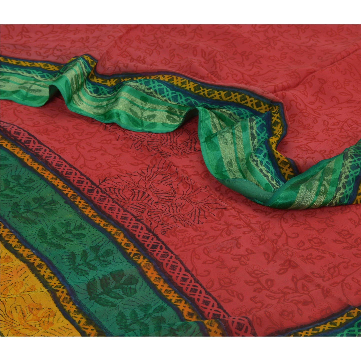 Sanskriti Vintage Red/Green Sarees Printed Blend Georgette Sari Craft Fabric