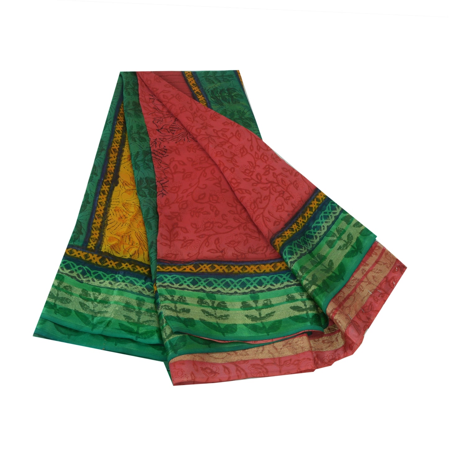 Sanskriti Vintage Red/Green Sarees Printed Blend Georgette Sari Craft Fabric