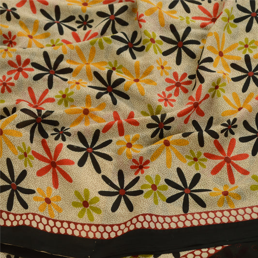 Sanskriti Vintage Sarees Ivory Indian Georgette Printed Sari Floral Craft Fabric