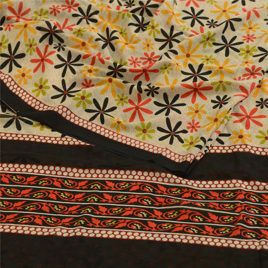 Sanskriti Vintage Sarees Ivory Indian Georgette Printed Sari Floral Craft Fabric