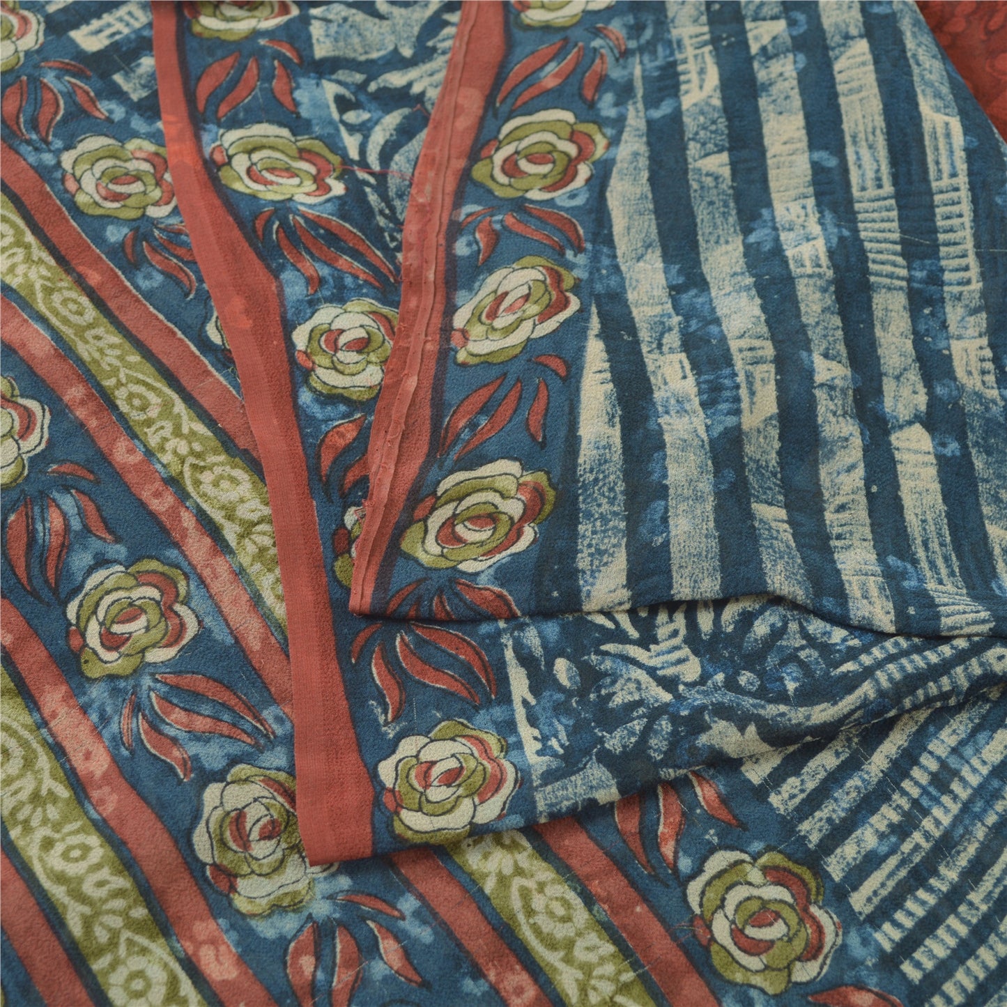 Sanskriti Vintage Sari 100% Pure Georgette Silk Blue/Red Saree Printed 5 Yd Craft Fabric Floral Upcycled Sarongs, Scarves, or Stoles