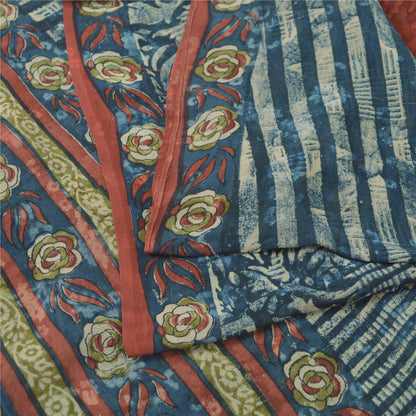 Sanskriti Vintage Sari 100% Pure Georgette Silk Blue/Red Saree Printed 5 Yd Craft Fabric Floral Upcycled Sarongs, Scarves, or Stoles