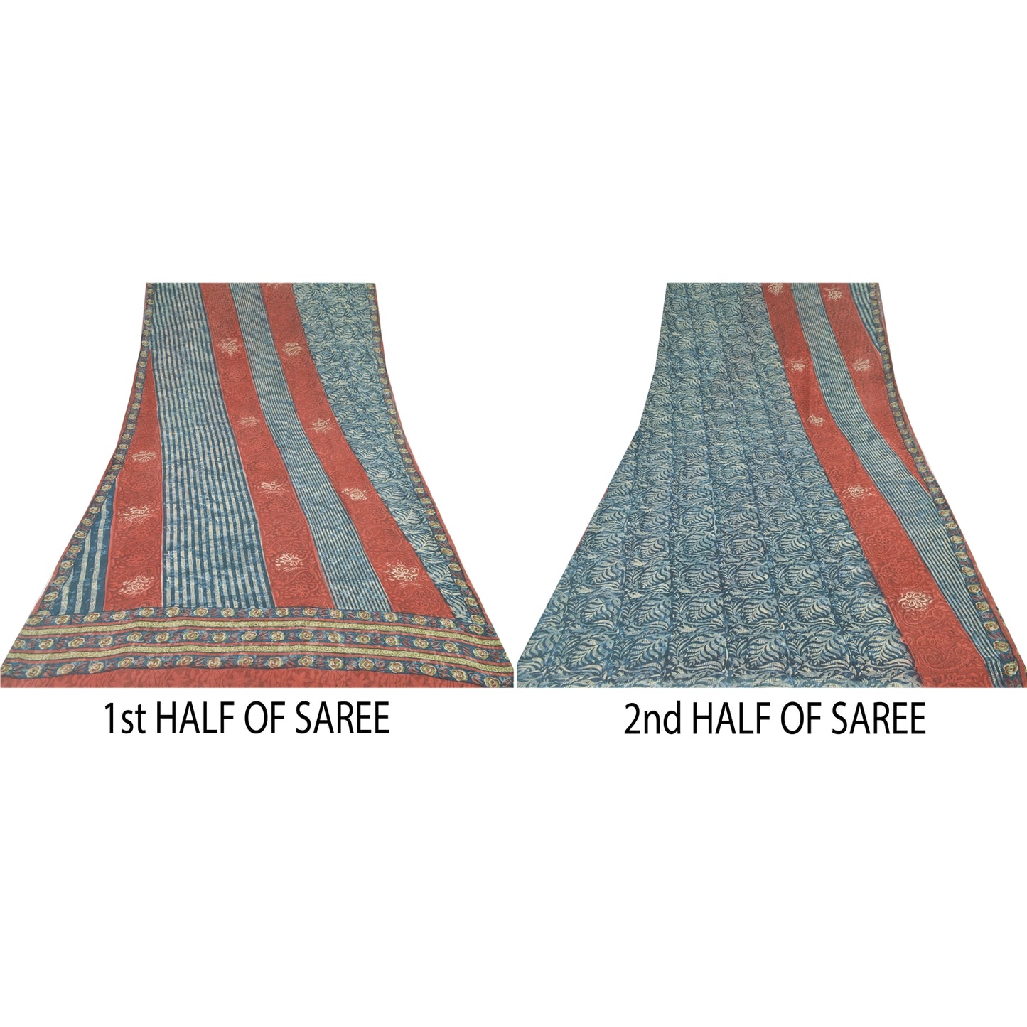 Sanskriti Vintage Sari 100% Pure Georgette Silk Blue/Red Saree Printed 5 Yd Craft Fabric Floral Upcycled Sarongs, Scarves, or Stoles
