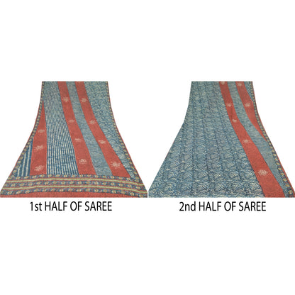 Sanskriti Vintage Sari 100% Pure Georgette Silk Blue/Red Saree Printed 5 Yd Craft Fabric Floral Upcycled Sarongs, Scarves, or Stoles