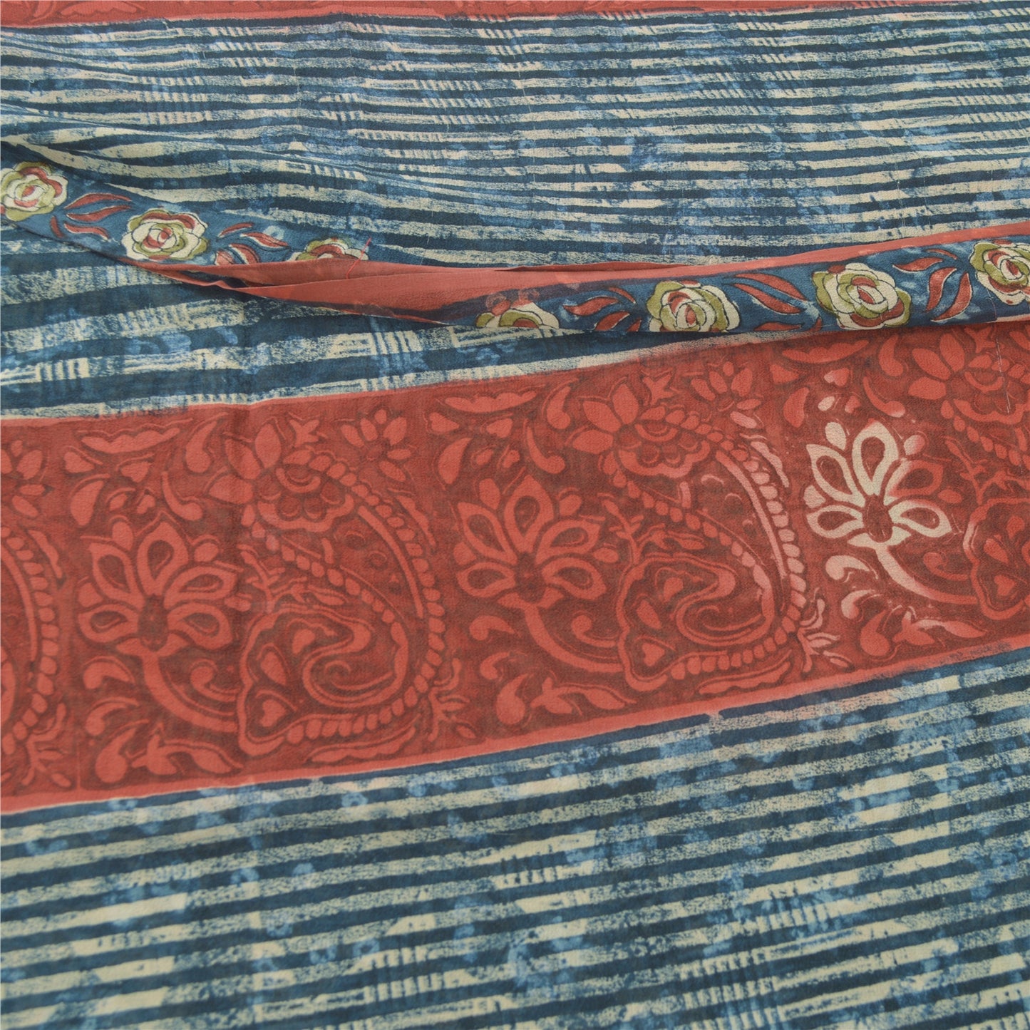 Sanskriti Vintage Sari 100% Pure Georgette Silk Blue/Red Saree Printed 5 Yd Craft Fabric Floral Upcycled Sarongs, Scarves, or Stoles