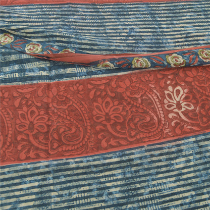 Sanskriti Vintage Sari 100% Pure Georgette Silk Blue/Red Saree Printed 5 Yd Craft Fabric Floral Upcycled Sarongs, Scarves, or Stoles