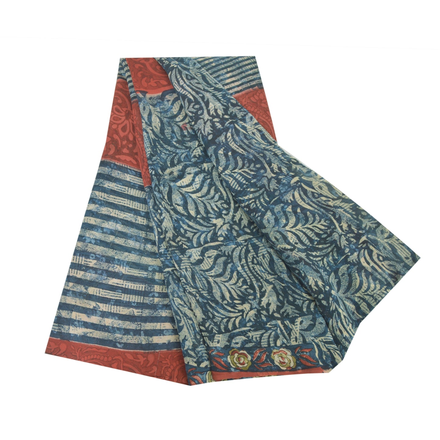 Sanskriti Vintage Sari 100% Pure Georgette Silk Blue/Red Saree Printed 5 Yd Craft Fabric Floral Upcycled Sarongs, Scarves, or Stoles