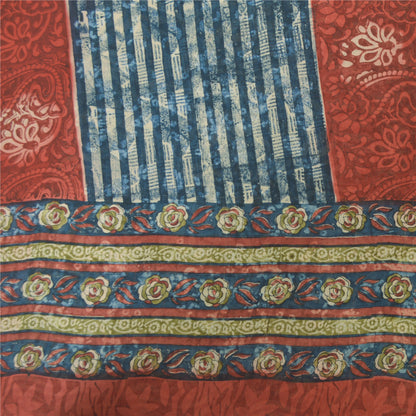 Sanskriti Vintage Sari 100% Pure Georgette Silk Blue/Red Saree Printed 5 Yd Craft Fabric Floral Upcycled Sarongs, Scarves, or Stoles