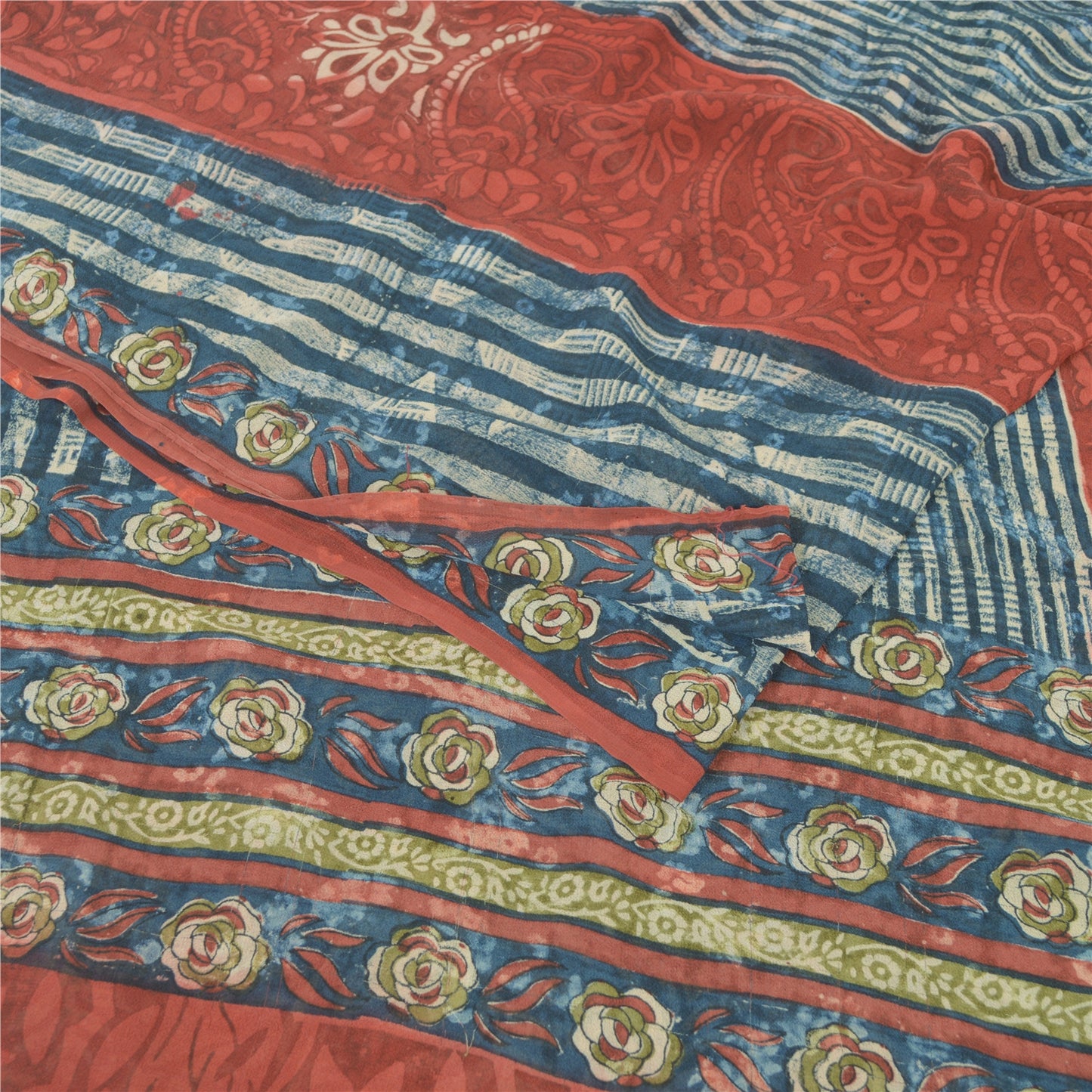 Sanskriti Vintage Sari 100% Pure Georgette Silk Blue/Red Saree Printed 5 Yd Craft Fabric Floral Upcycled Sarongs, Scarves, or Stoles