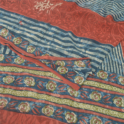 Sanskriti Vintage Sari 100% Pure Georgette Silk Blue/Red Saree Printed 5 Yd Craft Fabric Floral Upcycled Sarongs, Scarves, or Stoles