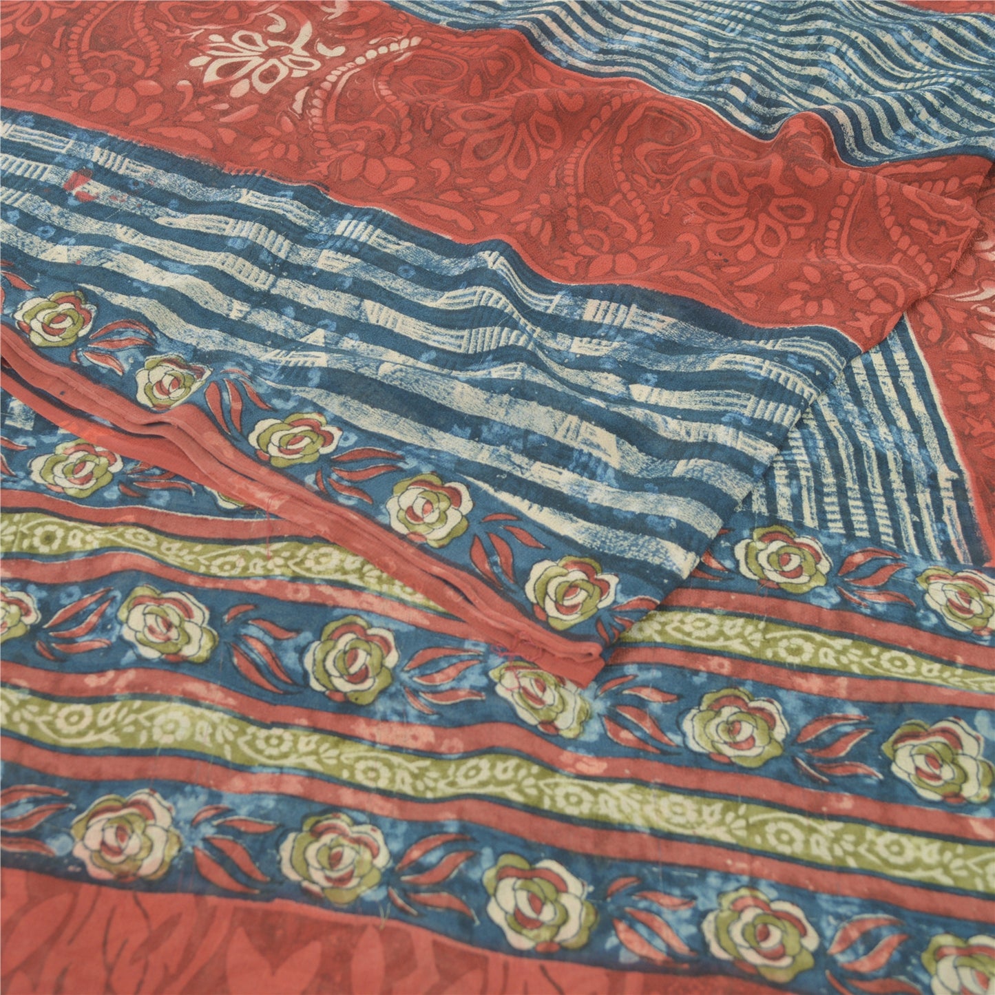 Sanskriti Vintage Sari 100% Pure Georgette Silk Blue/Red Saree Printed 5 Yd Craft Fabric Floral Upcycled Sarongs, Scarves, or Stoles