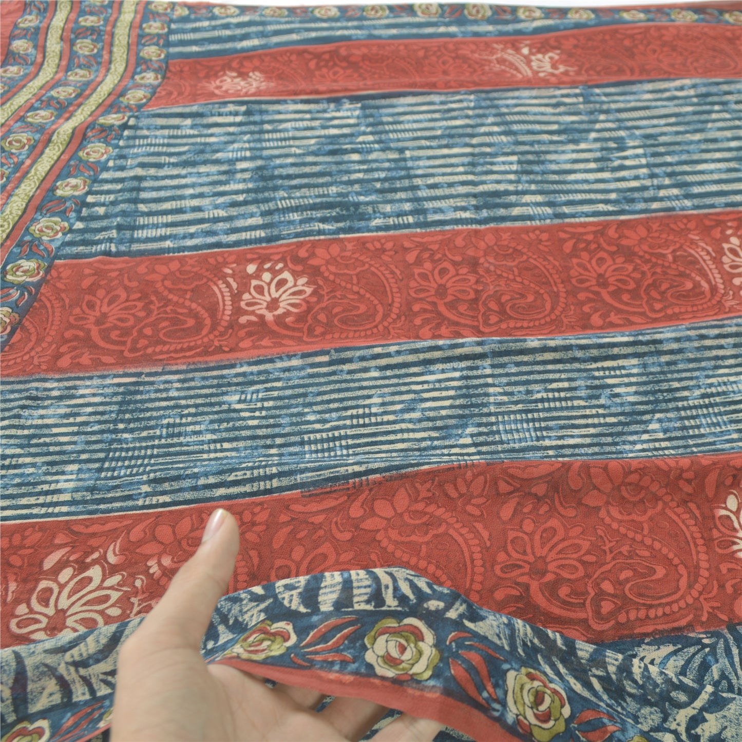 Sanskriti Vintage Sari 100% Pure Georgette Silk Blue/Red Saree Printed 5 Yd Craft Fabric Floral Upcycled Sarongs, Scarves, or Stoles