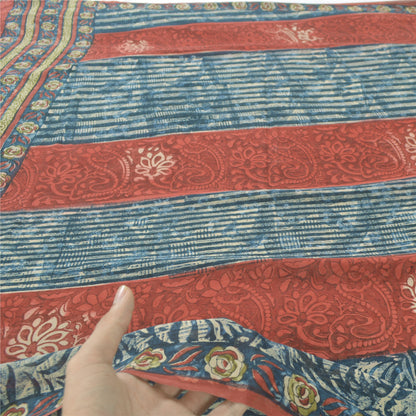 Sanskriti Vintage Sari 100% Pure Georgette Silk Blue/Red Saree Printed 5 Yd Craft Fabric Floral Upcycled Sarongs, Scarves, or Stoles