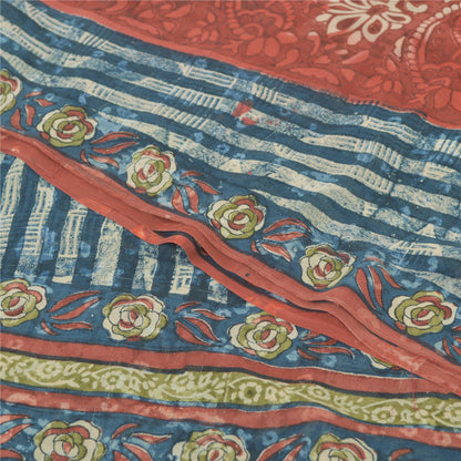 Sanskriti Vintage Sari 100% Pure Georgette Silk Blue/Red Saree Printed 5 Yd Craft Fabric Floral Upcycled Sarongs, Scarves, or Stoles