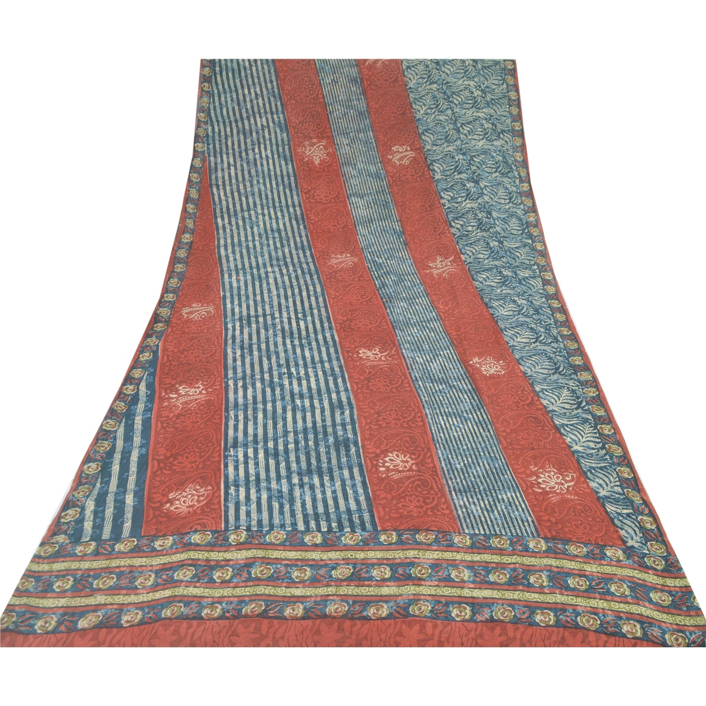 Sanskriti Vintage Sari 100% Pure Georgette Silk Blue/Red Saree Printed 5 Yd Craft Fabric Floral Upcycled Sarongs, Scarves, or Stoles