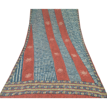 Sanskriti Vintage Sari 100% Pure Georgette Silk Blue/Red Saree Printed 5 Yd Craft Fabric Floral Upcycled Sarongs, Scarves, or Stoles