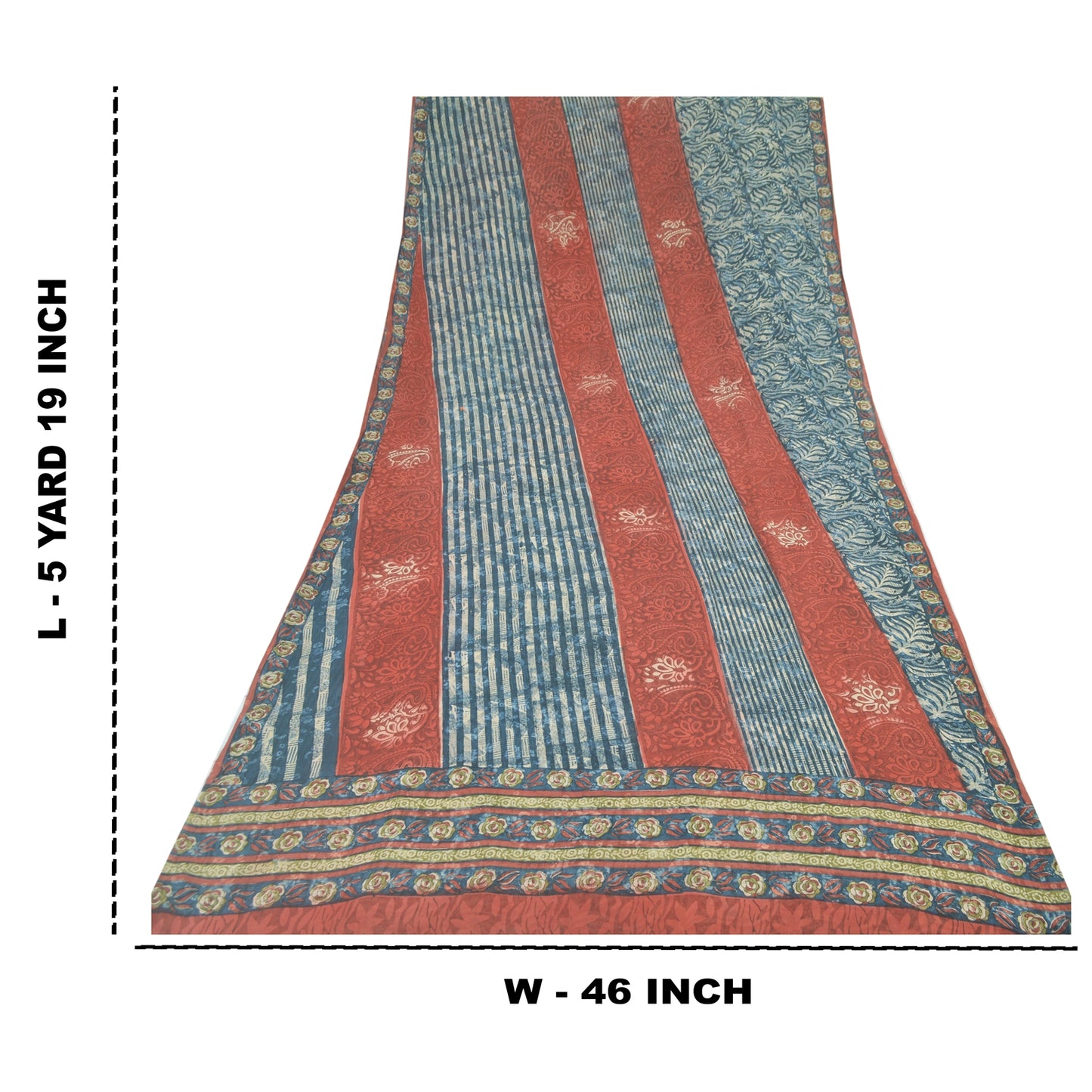 Sanskriti Vintage Sari 100% Pure Georgette Silk Blue/Red Saree Printed 5 Yd Craft Fabric Floral Upcycled Sarongs, Scarves, or Stoles