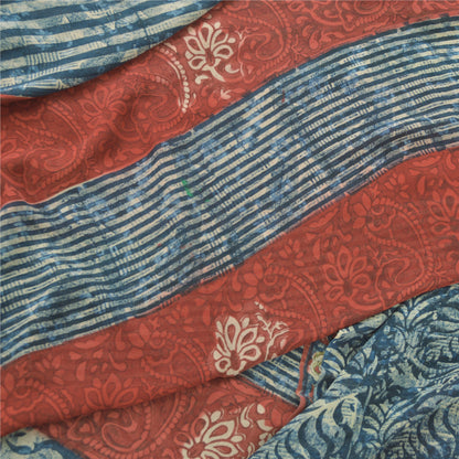 Sanskriti Vintage Sari 100% Pure Georgette Silk Blue/Red Saree Printed 5 Yd Craft Fabric Floral Upcycled Sarongs, Scarves, or Stoles