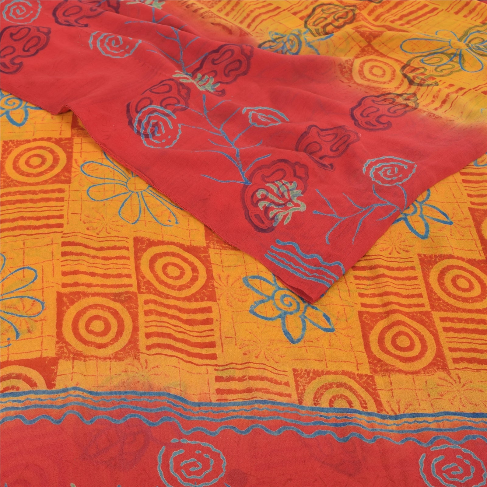 Sanskriti Vintage Yellow/Red Sarees Pure Georgette Silk Print Sari Craft Fabric