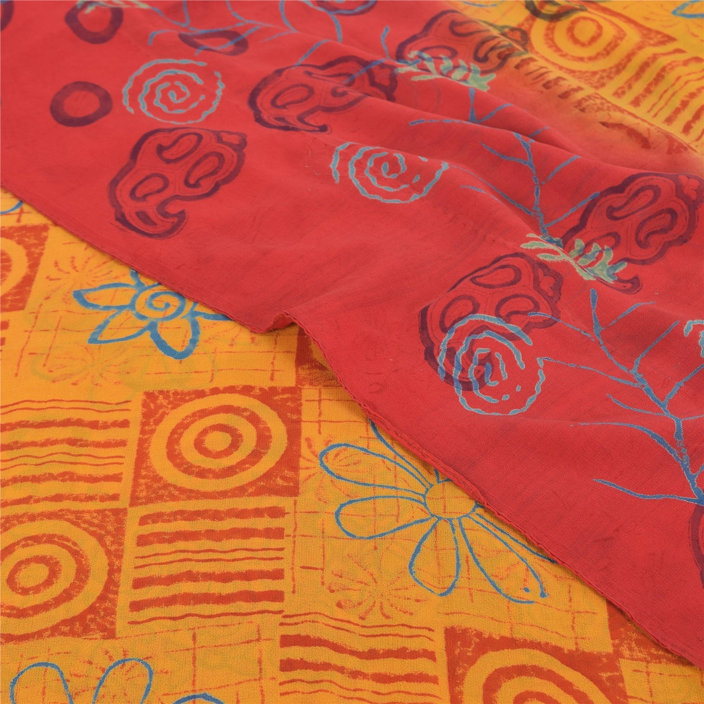 Sanskriti Vintage Yellow/Red Sarees Pure Georgette Silk Print Sari Craft Fabric