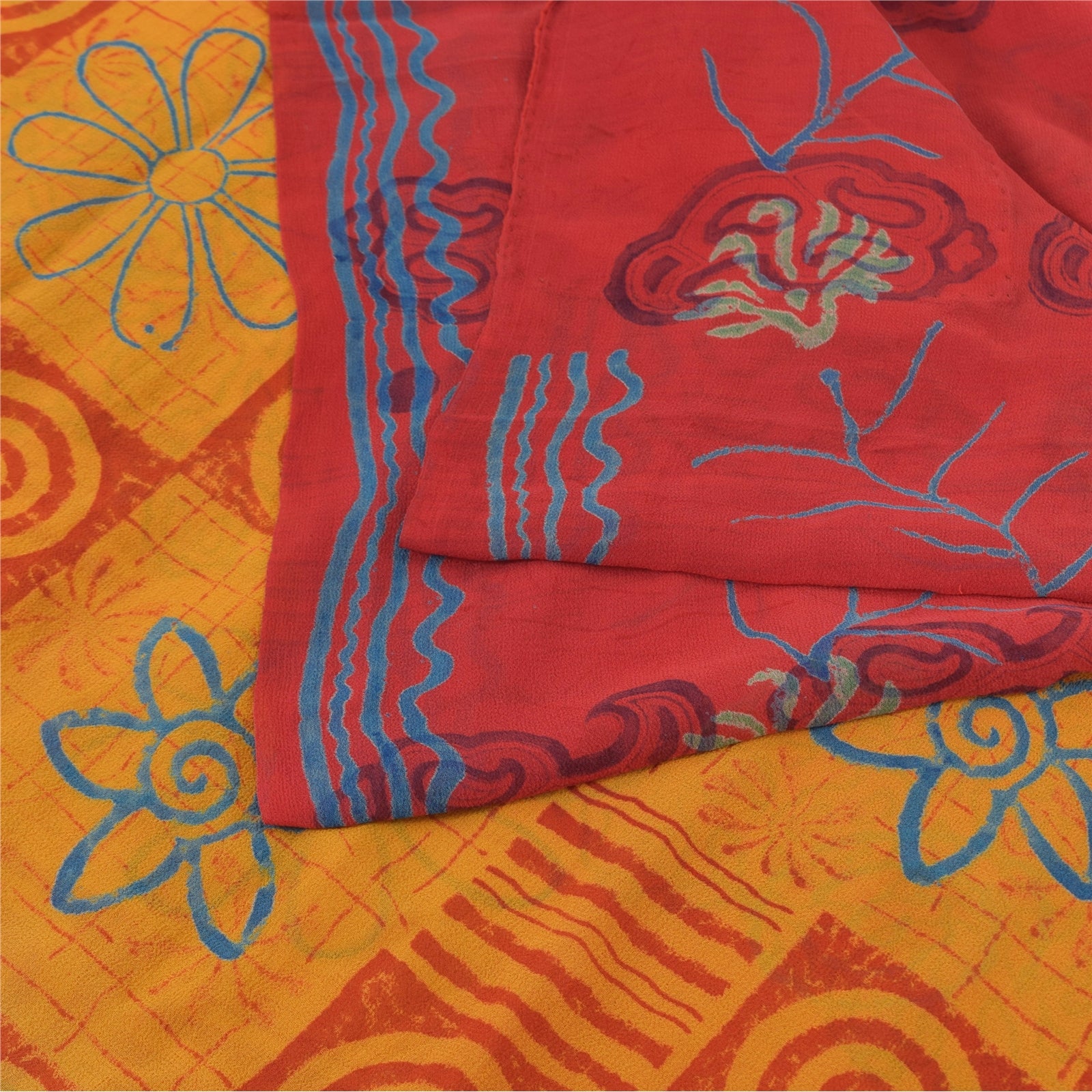 Sanskriti Vintage Yellow/Red Sarees Pure Georgette Silk Print Sari Craft Fabric