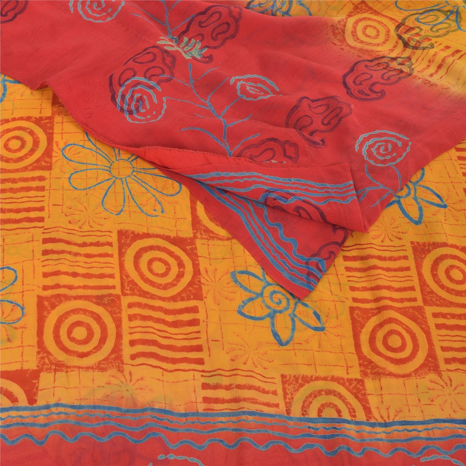 Sanskriti Vintage Yellow/Red Sarees Pure Georgette Silk Print Sari Craft Fabric