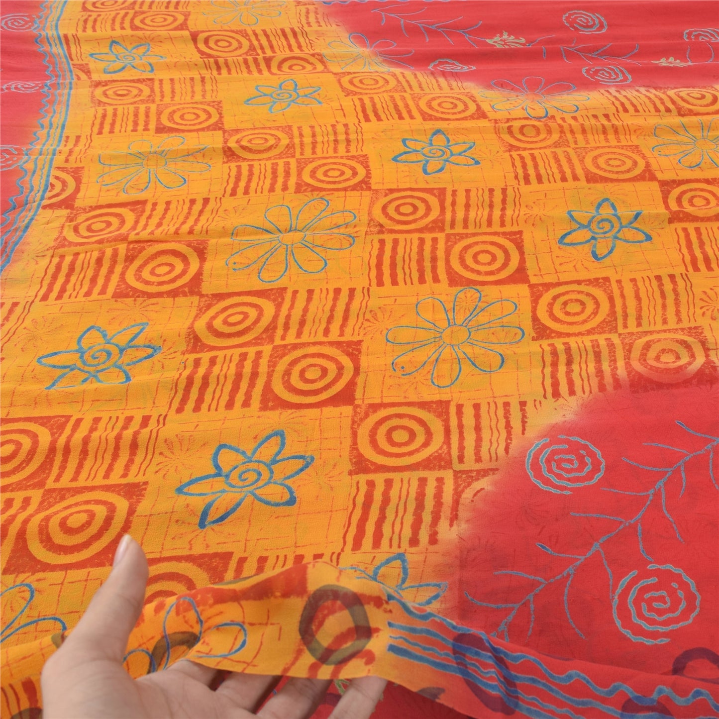 Sanskriti Vintage Yellow/Red Sarees Pure Georgette Silk Print Sari Craft Fabric