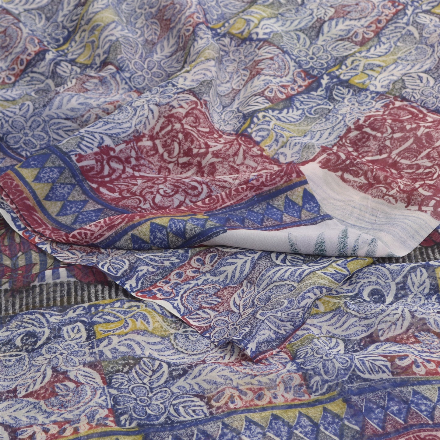 Sanskriti Vintage Blue Sarees Block Print Pure Georgette Silk Sari Craft Fabric