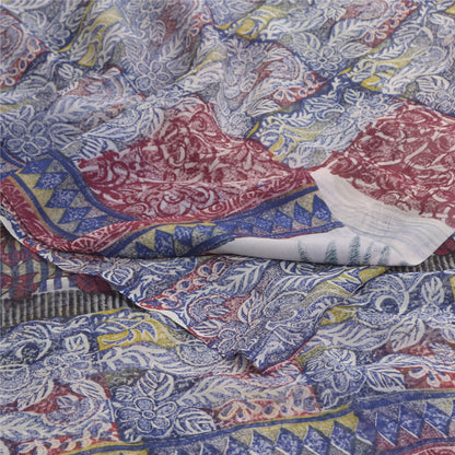 Sanskriti Vintage Blue Sarees Block Print Pure Georgette Silk Sari Craft Fabric